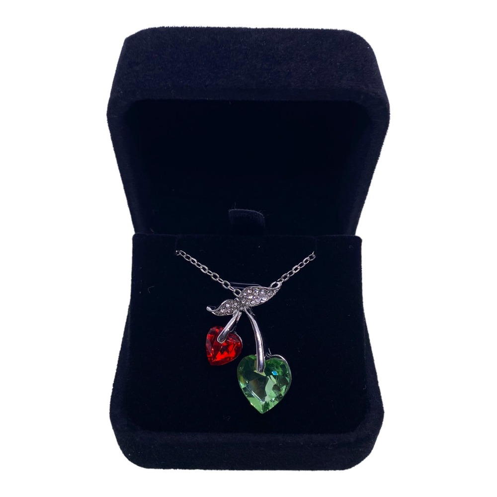 Imitation Red Green Cubic Zirconia Gemstone Cherry Cherries Heart Necklace